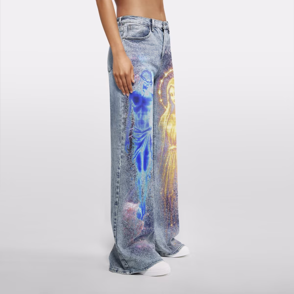 "Divine Pixel" Holographic Saints Printed Denim Jeans collection product photo