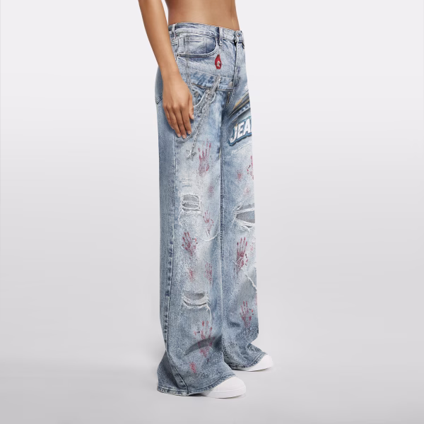 "Crimson Grasp" Bloody Handprint & Chains Printed Denim Jeans collection product photo