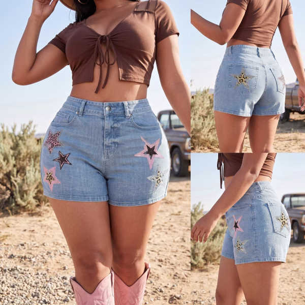 "Leopard Glam" Glitter Star Animal Print Denim Shorts collection product photo