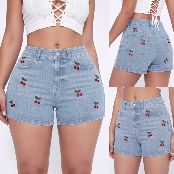 "Sweet Cherry" All-Over Print Retro Denim Shorts collection product photo