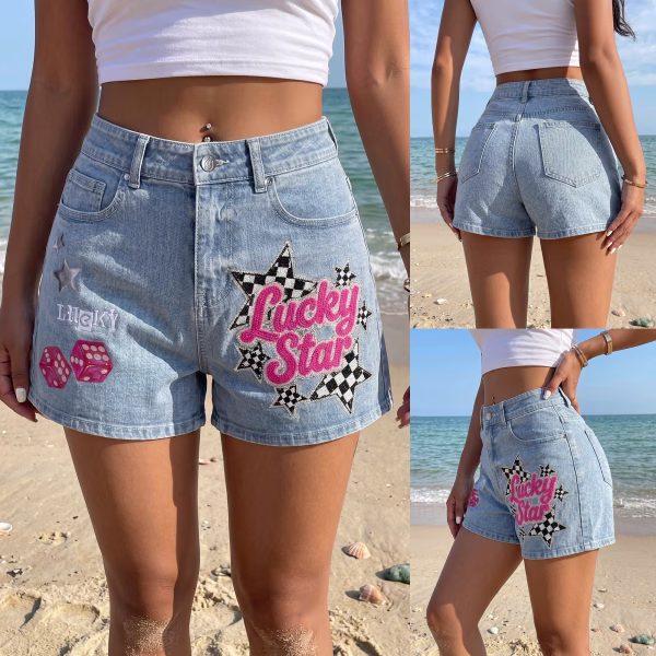 "Lucky Star" Checkerboard & Dice Printed Denim Shorts collection product photo