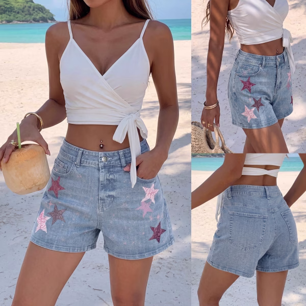 "Starlight Rebel" Textured Star & Sparkle Printed Denim Shorts collection product photo