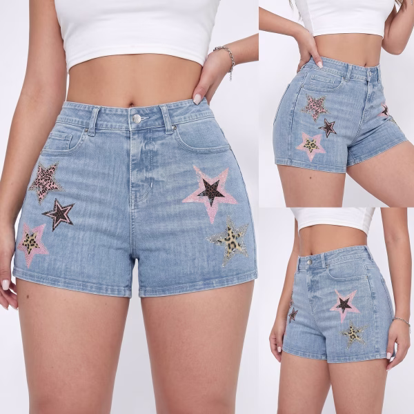 "Leopard Glam" Glitter Star Animal Print Denim Shorts collection product photo