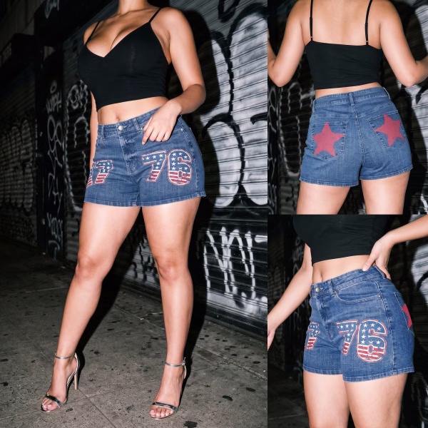 "Vintage 1776" Americana Flag & Star Printed Denim Shorts collection product photo