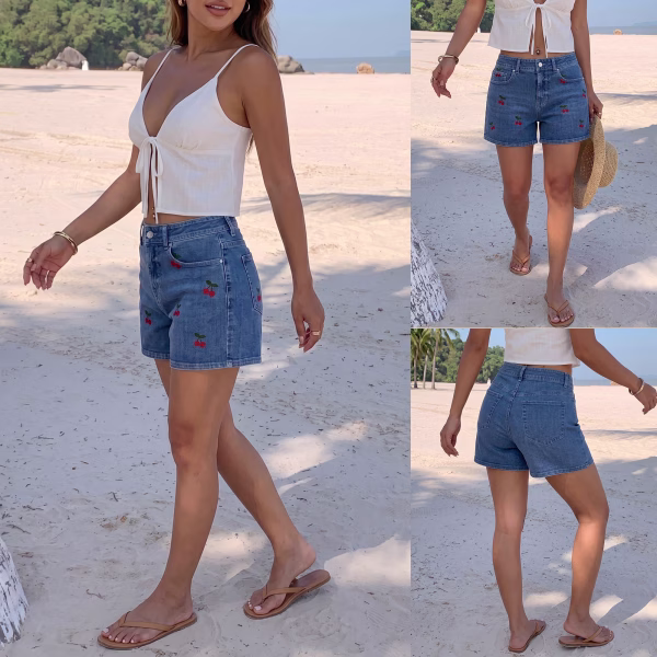"Sweet Cherry" All-Over Print Retro Denim Shorts collection product photo