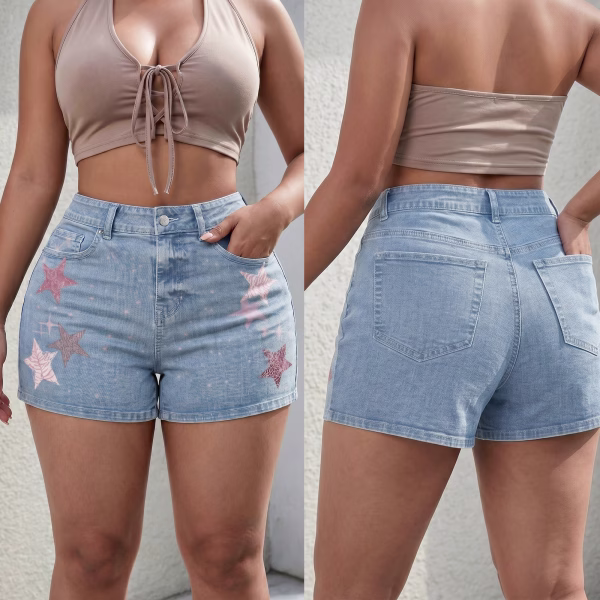 "Starlight Rebel" Textured Star & Sparkle Printed Denim Shorts collection product photo
