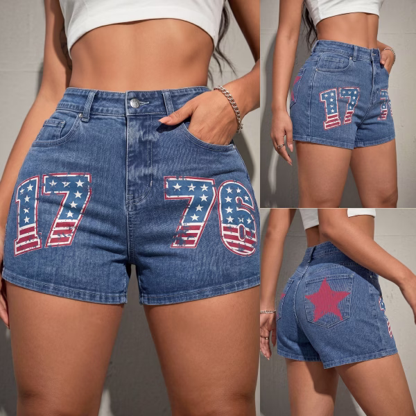 "Vintage 1776" Americana Flag & Star Printed Denim Shorts collection product photo