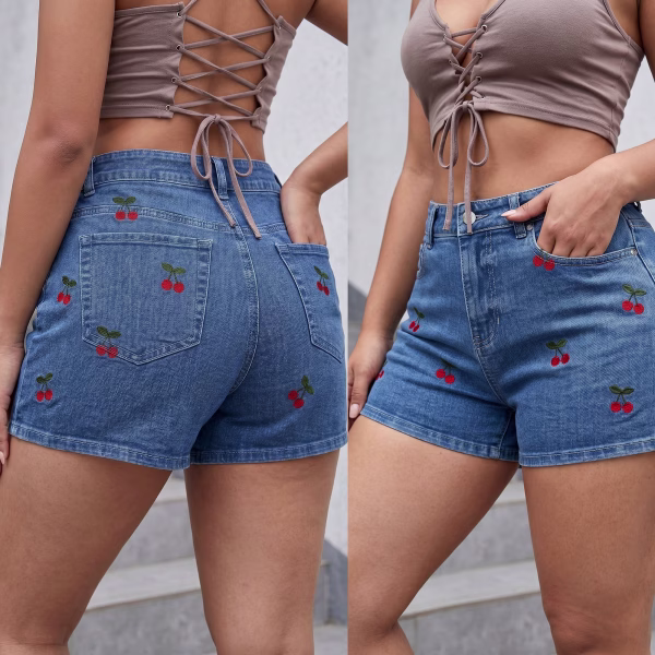 "Sweet Cherry" All-Over Print Retro Denim Shorts collection product photo