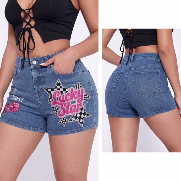"Lucky Star" Checkerboard & Dice Printed Denim Shorts collection product photo