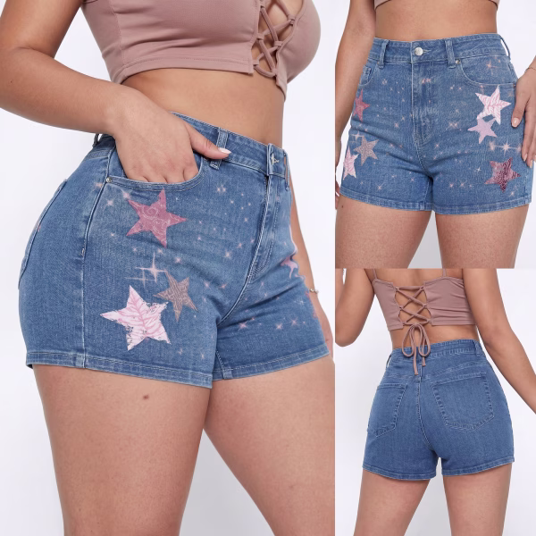 "Starlight Rebel" Textured Star & Sparkle Printed Denim Shorts collection product photo