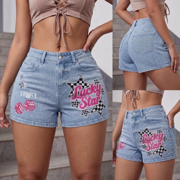 "Lucky Star" Checkerboard & Dice Printed Denim Shorts collection product photo