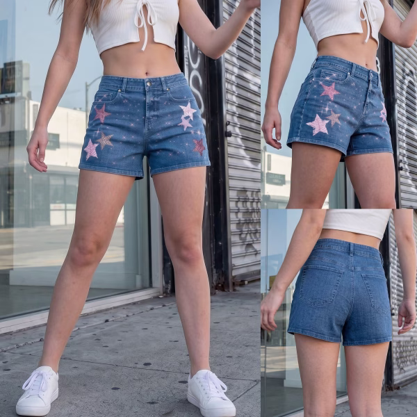 "Starlight Rebel" Textured Star & Sparkle Printed Denim Shorts collection product photo