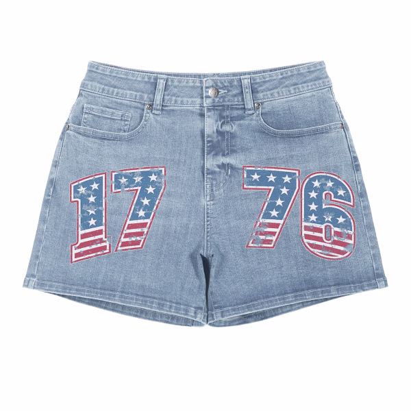 "Vintage 1776" Americana Flag & Star Printed Denim Shorts by JR JEANIUS WEAR