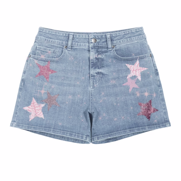 "Starlight Rebel" Textured Star & Sparkle Printed Denim Shorts by JR JEANIUS WEAR