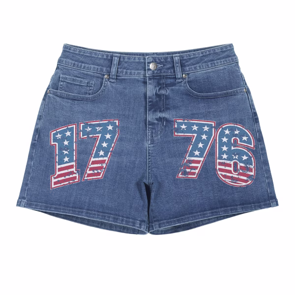 "Vintage 1776" Americana Flag & Star Printed Denim Shorts collection product photo