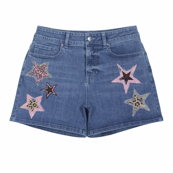 "Leopard Glam" Glitter Star Animal Print Denim Shorts collection product photo