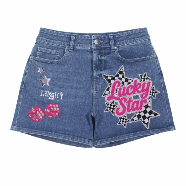 "Lucky Star" Checkerboard & Dice Printed Denim Shorts collection product photo