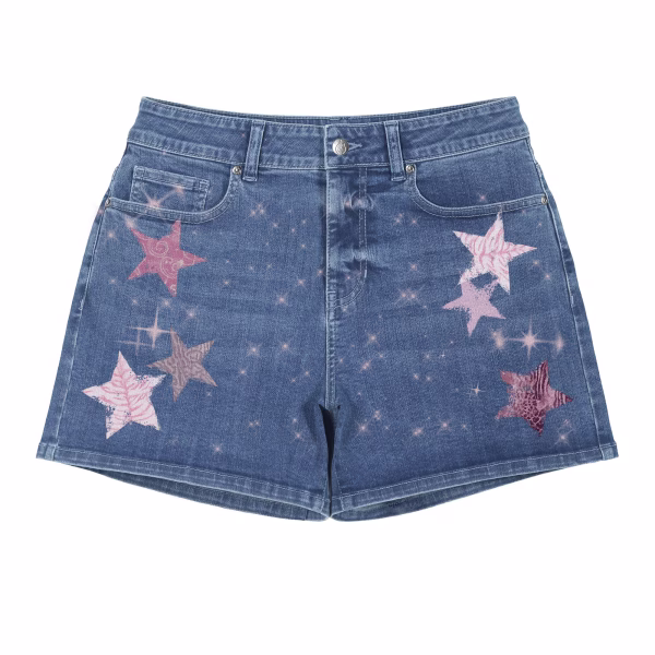 "Starlight Rebel" Textured Star & Sparkle Printed Denim Shorts collection product photo