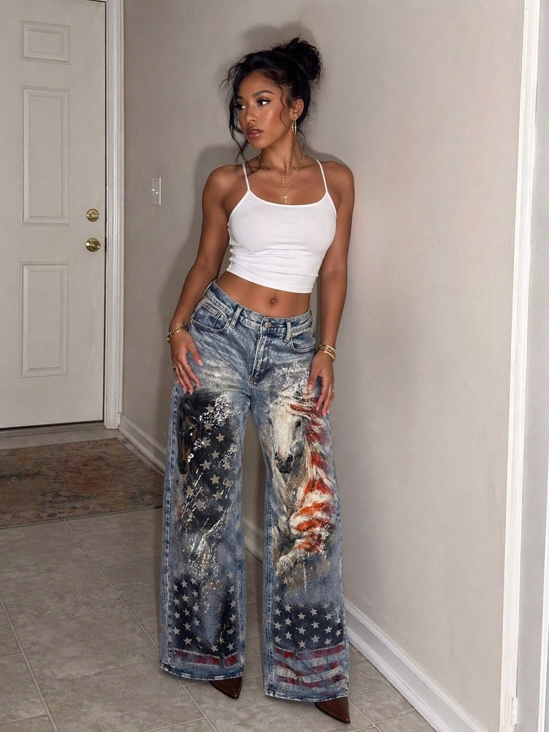 JR JEANIUS WEAR women's printed denim jeans outfit