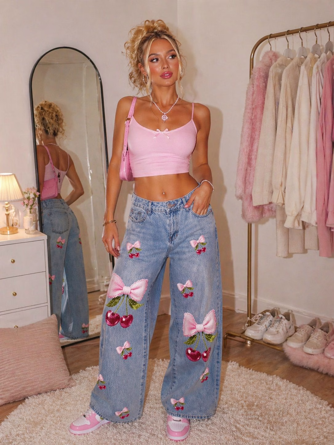 Model wearing JR JEANIUS WEAR printed denim jeans