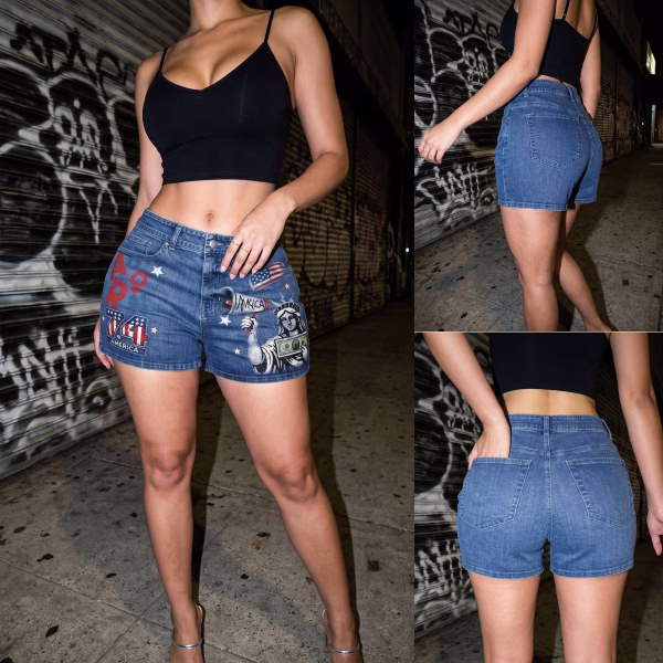 "Liberty Pop Art" Born 74 & Statue Printed Denim Shorts collection product photo
