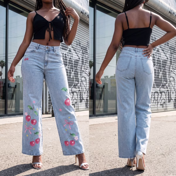 "Watercolor Cherry" Bow & Floral Wide-Leg Printed Denim Jeans collection product photo