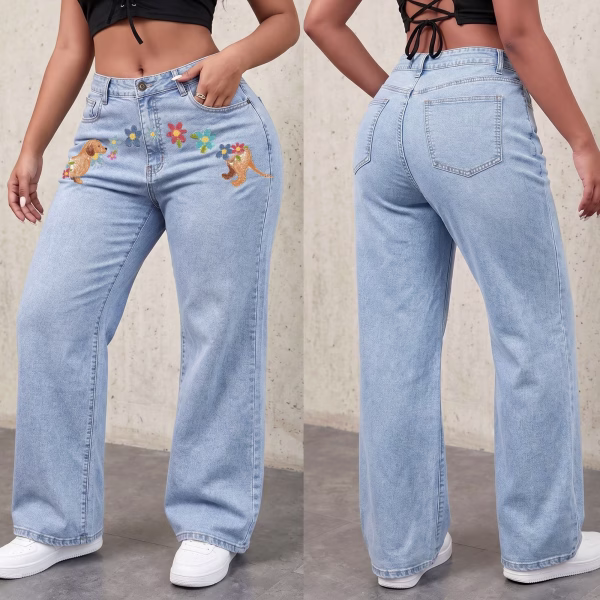 "Puppy Love" Floral Arch & Dog Wide-Leg Printed Denim Jeans collection product photo