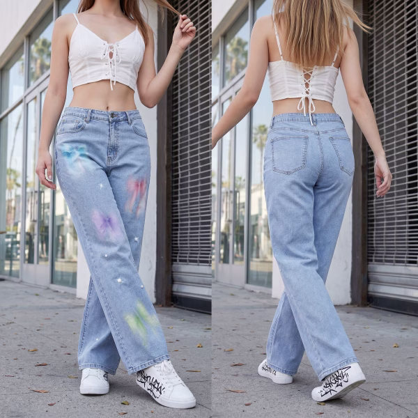 "Pastel Aura" Airbrushed Bows & Pearls Wide-Leg Jeans collection product photo