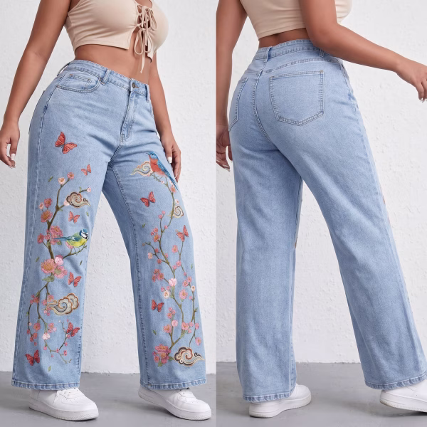 "Oriental Spring" Blossom & Bluebird Wide-Leg Printed Denim Jeans collection product photo