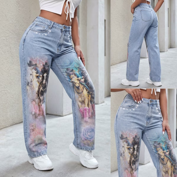 "Dreamy Cowgirl" Rhinestone & Floral Wide-Leg Printed Denim Jeans collection product photo