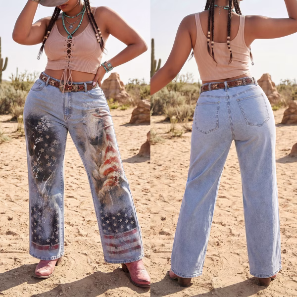 "Dreamy Cowgirl" Rhinestone & Floral Wide-Leg Printed Denim Jeans collection product photo