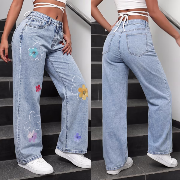 "Daydream Doodle" Hand-Drawn Floral Wide-Leg Printed Jeans collection product photo