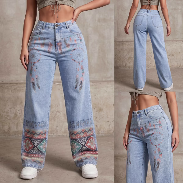 "Boho Dreamcatcher" Tribal Pattern Wide-Leg Printed Jeans collection product photo