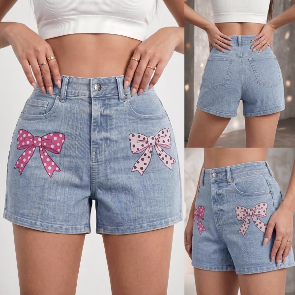 "Polka Dot Coquette" Asymmetrical Bow Printed Denim Shorts collection product photo