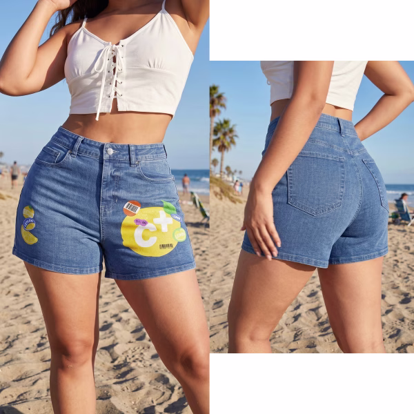 "Vitamin C+" Lemon Sticker Pop-Art Denim Shorts collection product photo