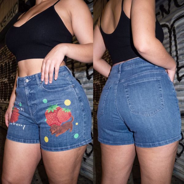 "Strange Strawberry" Dachshund & Fruit Printed Denim Shorts collection product photo