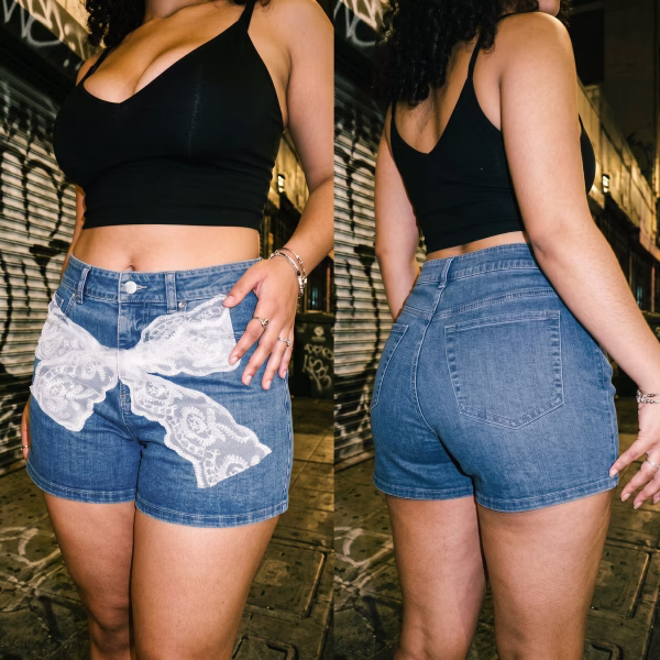 "Lace Illusion" Oversized Bow Printed Denim Shorts collection product photo