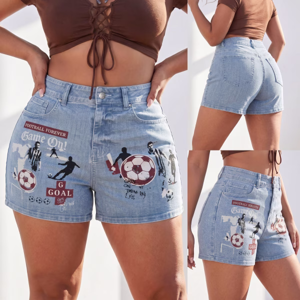 "Game On" Vintage Soccer Graphic Blokecore Denim Shorts collection product photo