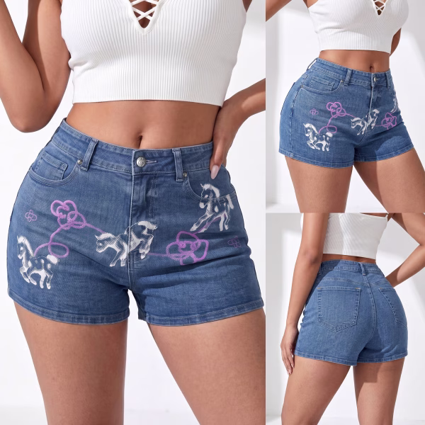 "Pixel Pony & Pink Doodle" Printed Denim Shorts collection product photo