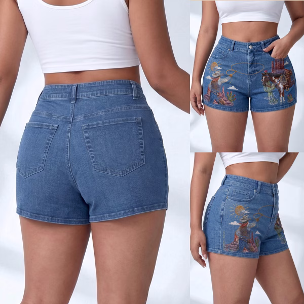 Western Cowboy & Horse Denim Shorts collection product photo