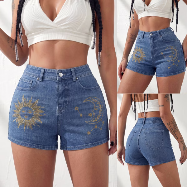 "Celestial Gold" Sun & Moon Line Art Denim Shorts collection product photo