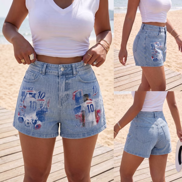 "France No. 10" Vintage Soccer Collage Denim Shorts collection product photo