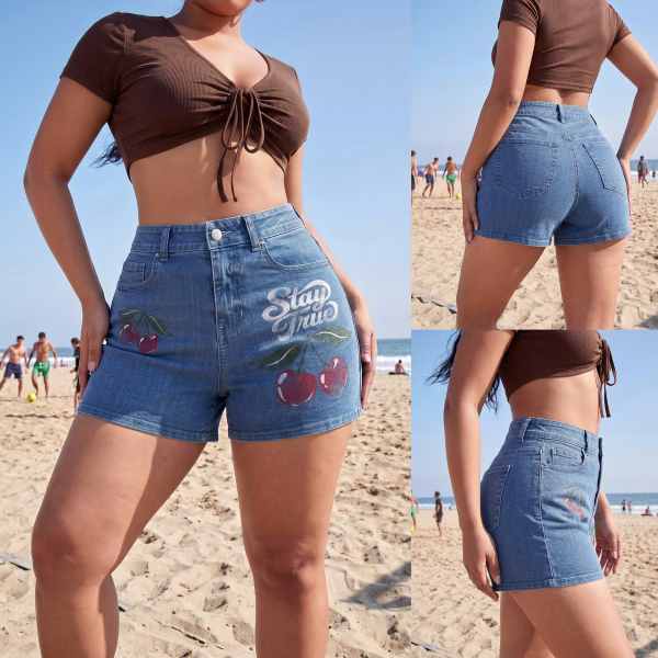 "Stay True" Vintage Cherry Printed Denim Shorts collection product photo