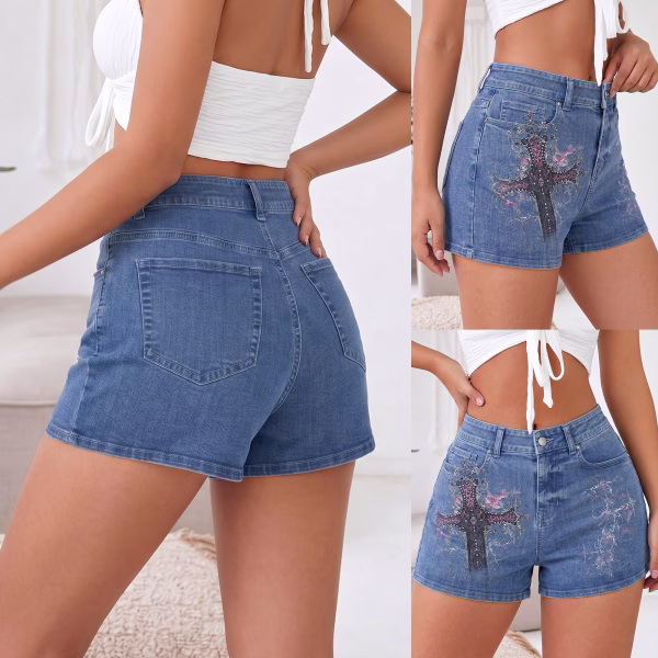 "Gothic Leopard Cross" Asymmetrical Denim Shorts collection product photo