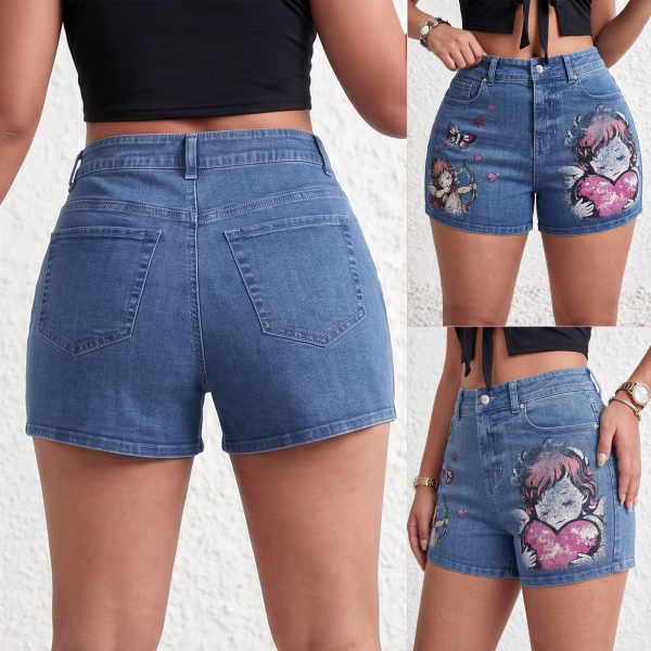 "Cupid's Bow" Vintage Angel & Heart Printed Denim Shorts collection product photo