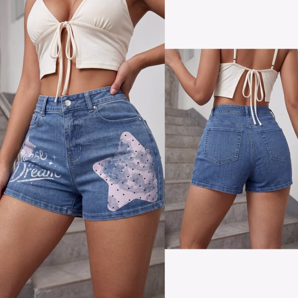 "Dream Chaser" Pastel Star & Slogan Printed Denim Shorts collection product photo