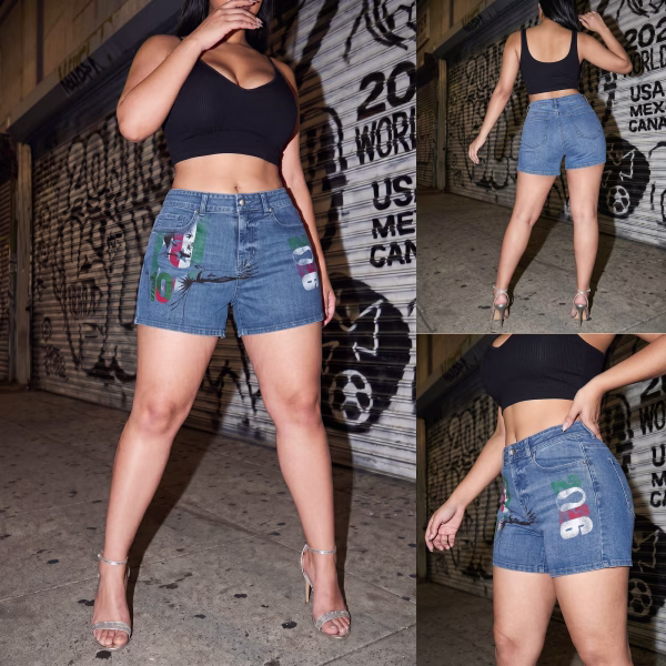 "Viva 2026" Soccer Player & Mexican Flag Printed Denim Shorts collection product photo