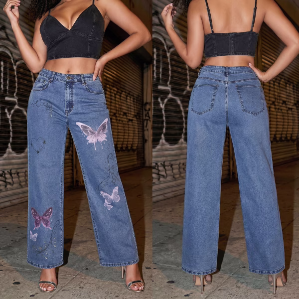 "Fairycore Dreams" Butterfly & Mystic Charms Wide-Leg Printed Denim Jeans collection product photo