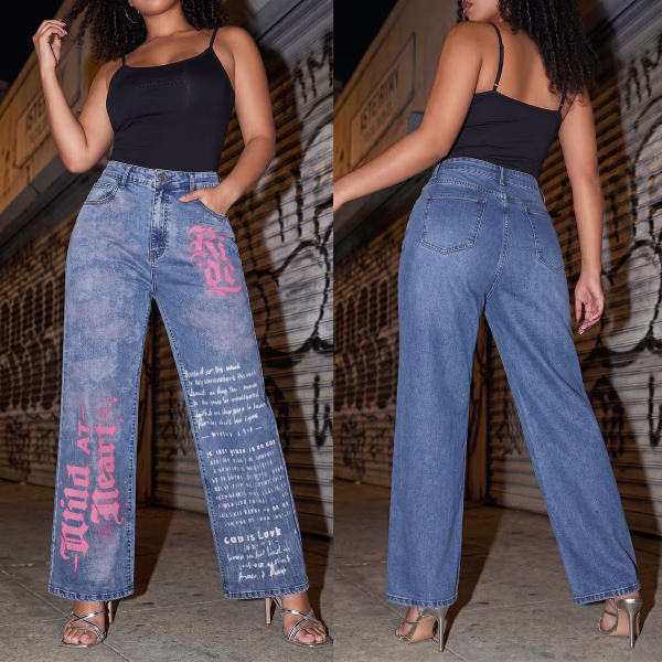 "Wild At Heart" Gothic Script & Text Printed Wide-Leg Denim Jeans collection product photo