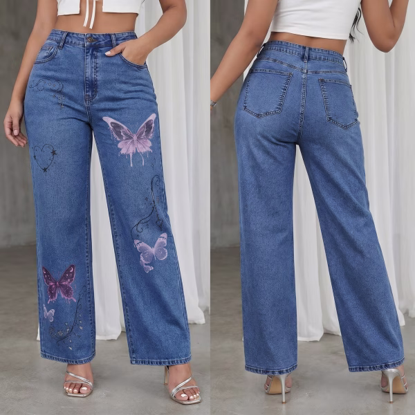 "Fairycore Dreams" Butterfly & Mystic Charms Wide-Leg Printed Denim Jeans collection product photo